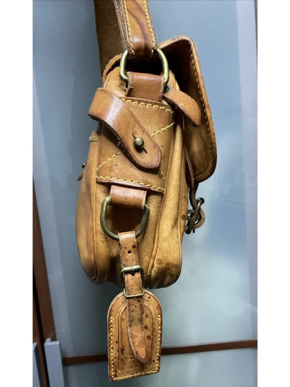 Polo Ralph Lauren Vintage 90s Leather Messenger Shoulder Bag Yellow Stitching